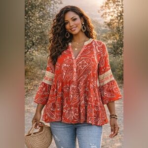 Soho Jeans Paisley Boho Blouse | Rust & Cream Flowy Top Size (add size